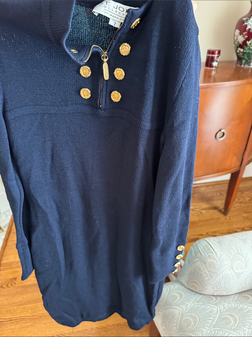 Vintage St. John Navy Knit Tunic Dress with Gold Accents. Vintage